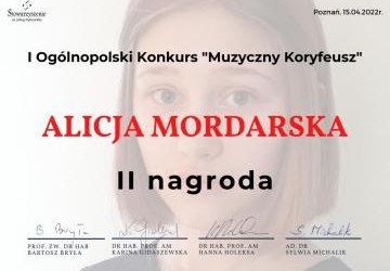 Sukces Alicji Mordarskiej z kl. VI/6-skrzypce, uczennicy    p. Patrycji Budziackiej.