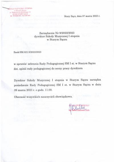 Zarządzenie dyrektor Nr 9.2022.2023 z dnia 07 marca 2023 r. w sprawie posiedzenia RP dot. opinii RP do oceny pracy dyrektor.jpg
